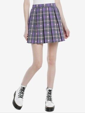 Hot Topic Purple Plaid Pink Hearts Pleated Skirt